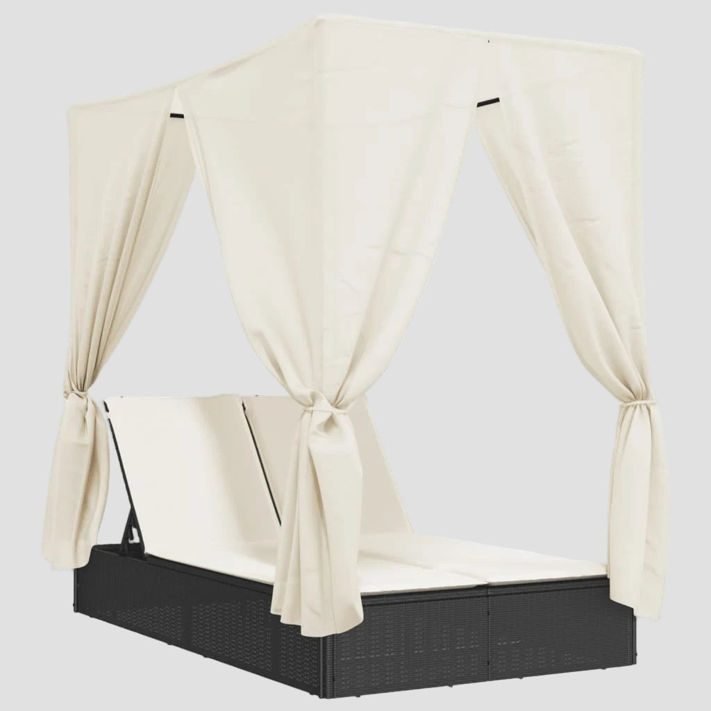 Chaise longue double avec toit et rideaux résine tressée