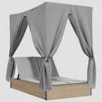 Chaise longue double avec toit et rideaux résine tressée