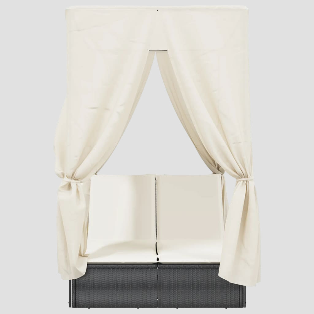 Chaise longue double avec toit et rideaux résine tressée