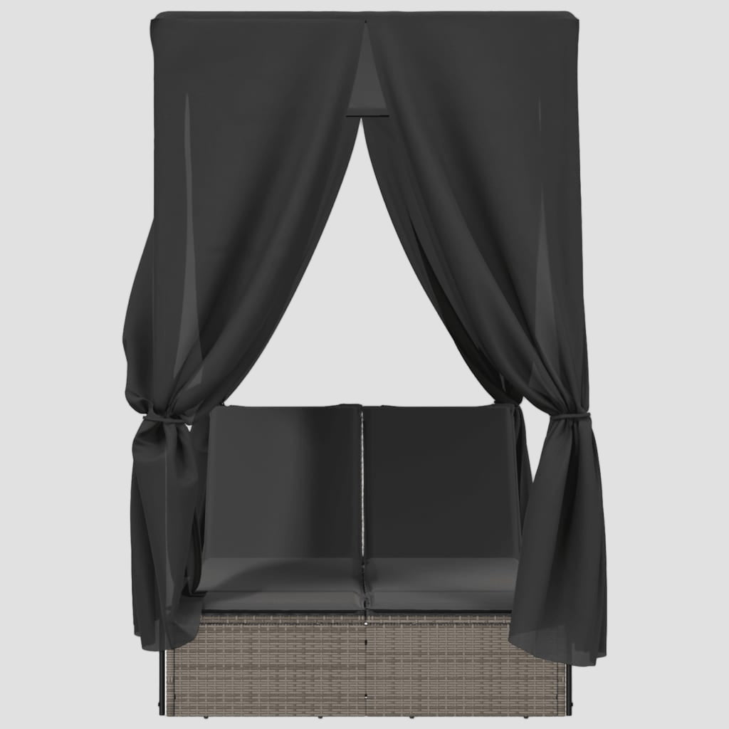 Chaise longue double avec toit et rideaux résine tressée