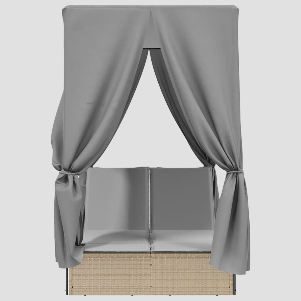 Chaise longue double avec toit et rideaux résine tressée